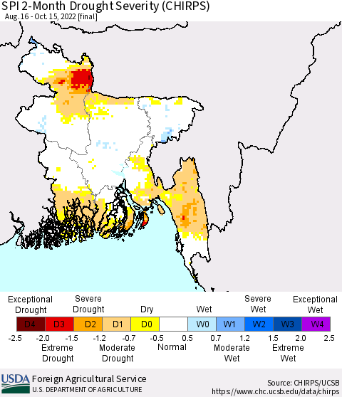 Bangladesh SPI 2-Month Drought Severity (CHIRPS) Thematic Map For 8/16/2022 - 10/15/2022