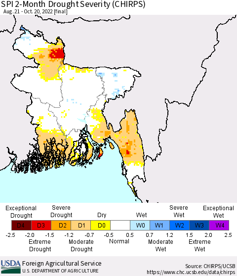Bangladesh SPI 2-Month Drought Severity (CHIRPS) Thematic Map For 8/21/2022 - 10/20/2022