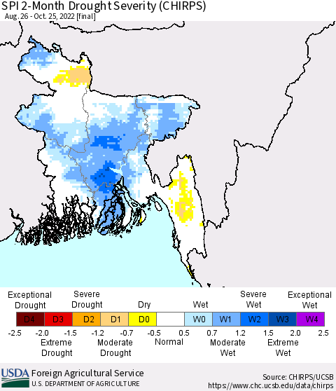 Bangladesh SPI 2-Month Drought Severity (CHIRPS) Thematic Map For 8/26/2022 - 10/25/2022