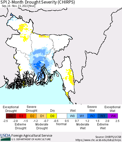 Bangladesh SPI 2-Month Drought Severity (CHIRPS) Thematic Map For 9/16/2022 - 11/15/2022