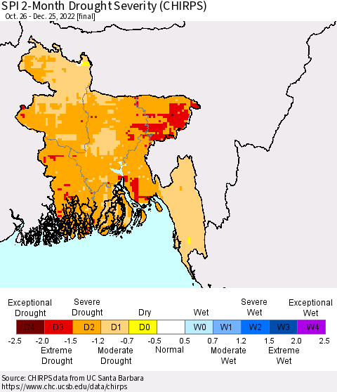 Bangladesh SPI 2-Month Drought Severity (CHIRPS) Thematic Map For 10/26/2022 - 12/25/2022