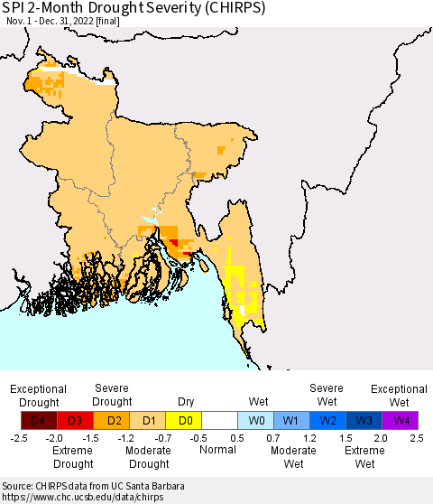 Bangladesh SPI 2-Month Drought Severity (CHIRPS) Thematic Map For 11/1/2022 - 12/31/2022