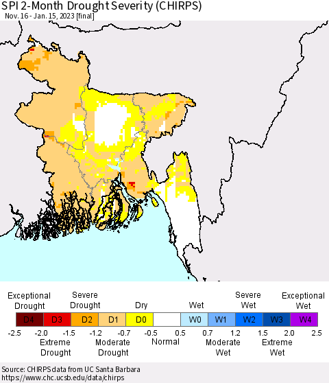 Bangladesh SPI 2-Month Drought Severity (CHIRPS) Thematic Map For 11/16/2022 - 1/15/2023