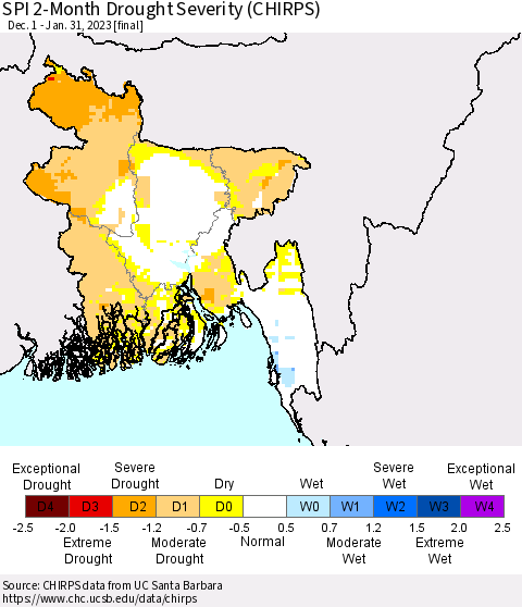 Bangladesh SPI 2-Month Drought Severity (CHIRPS) Thematic Map For 12/1/2022 - 1/31/2023