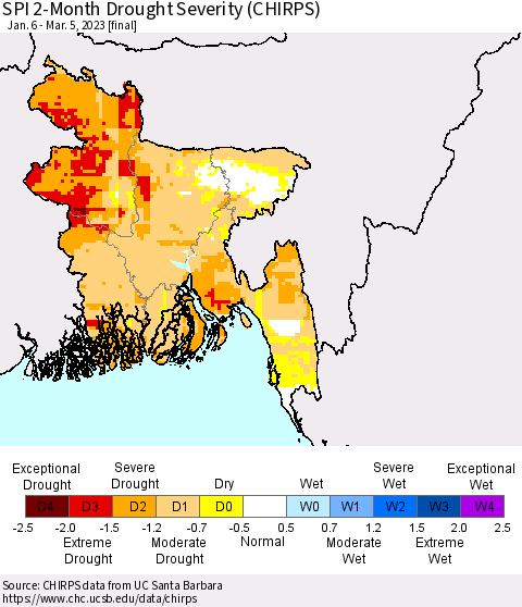Bangladesh SPI 2-Month Drought Severity (CHIRPS) Thematic Map For 1/6/2023 - 3/5/2023