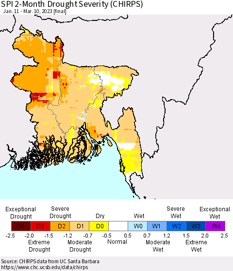 Bangladesh SPI 2-Month Drought Severity (CHIRPS) Thematic Map For 1/11/2023 - 3/10/2023