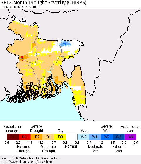 Bangladesh SPI 2-Month Drought Severity (CHIRPS) Thematic Map For 1/16/2023 - 3/15/2023