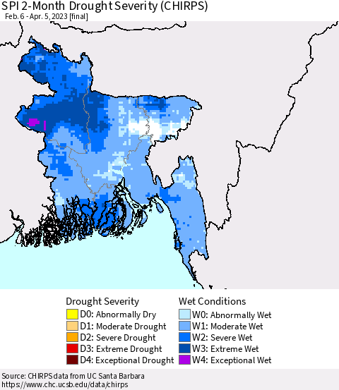 Bangladesh SPI 2-Month Drought Severity (CHIRPS) Thematic Map For 2/6/2023 - 4/5/2023