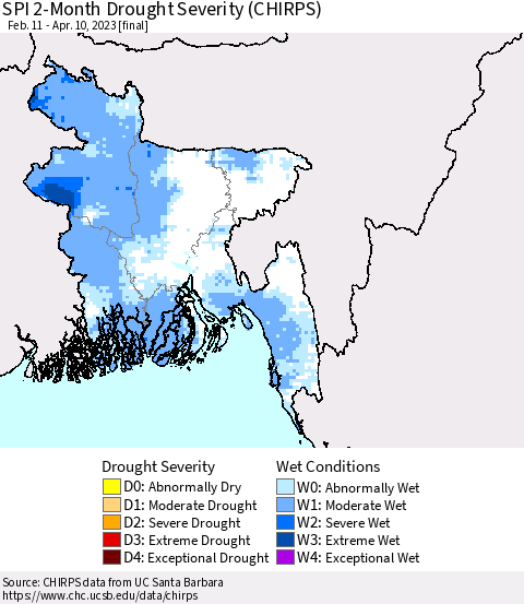 Bangladesh SPI 2-Month Drought Severity (CHIRPS) Thematic Map For 2/11/2023 - 4/10/2023