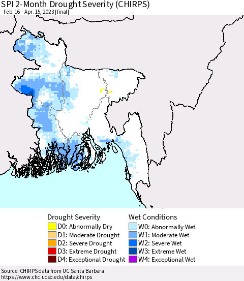Bangladesh SPI 2-Month Drought Severity (CHIRPS) Thematic Map For 2/16/2023 - 4/15/2023