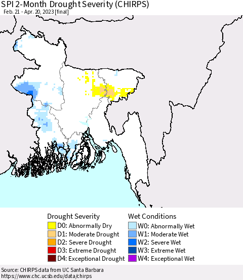 Bangladesh SPI 2-Month Drought Severity (CHIRPS) Thematic Map For 2/21/2023 - 4/20/2023