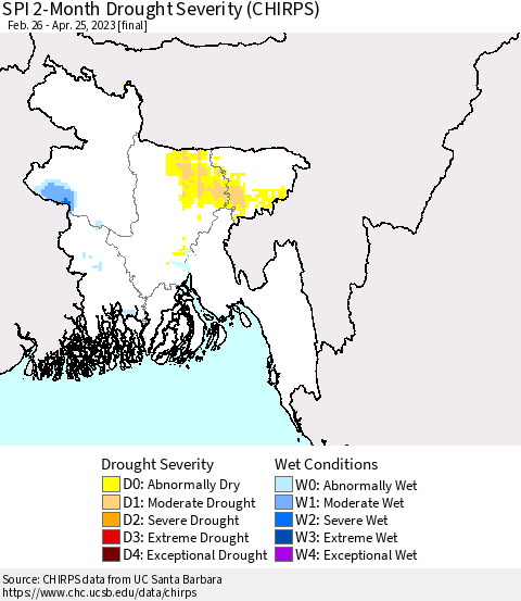 Bangladesh SPI 2-Month Drought Severity (CHIRPS) Thematic Map For 2/26/2023 - 4/25/2023