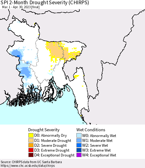 Bangladesh SPI 2-Month Drought Severity (CHIRPS) Thematic Map For 3/1/2023 - 4/30/2023