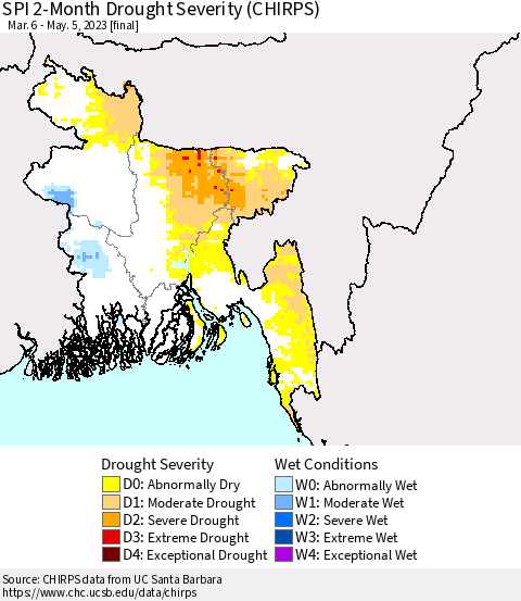 Bangladesh SPI 2-Month Drought Severity (CHIRPS) Thematic Map For 3/6/2023 - 5/5/2023