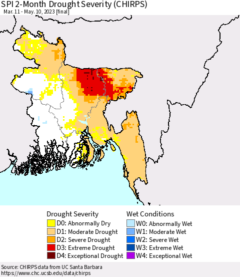 Bangladesh SPI 2-Month Drought Severity (CHIRPS) Thematic Map For 3/11/2023 - 5/10/2023