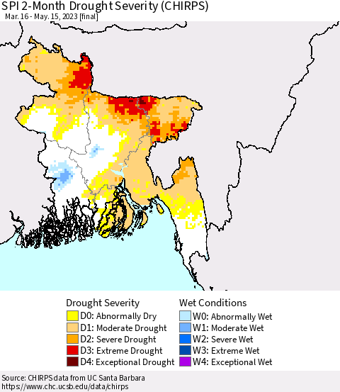 Bangladesh SPI 2-Month Drought Severity (CHIRPS) Thematic Map For 3/16/2023 - 5/15/2023
