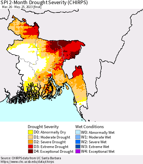 Bangladesh SPI 2-Month Drought Severity (CHIRPS) Thematic Map For 3/26/2023 - 5/25/2023