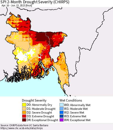 Bangladesh SPI 2-Month Drought Severity (CHIRPS) Thematic Map For 4/16/2023 - 6/15/2023