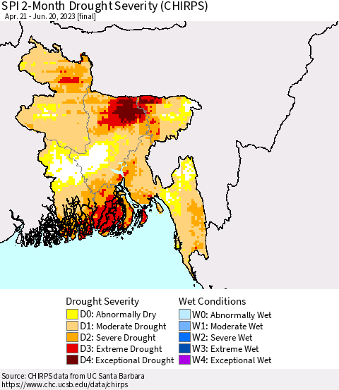 Bangladesh SPI 2-Month Drought Severity (CHIRPS) Thematic Map For 4/21/2023 - 6/20/2023