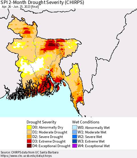 Bangladesh SPI 2-Month Drought Severity (CHIRPS) Thematic Map For 4/26/2023 - 6/25/2023