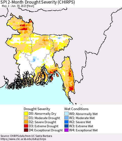 Bangladesh SPI 2-Month Drought Severity (CHIRPS) Thematic Map For 5/1/2023 - 6/30/2023