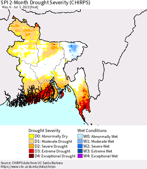 Bangladesh SPI 2-Month Drought Severity (CHIRPS) Thematic Map For 5/6/2023 - 7/5/2023