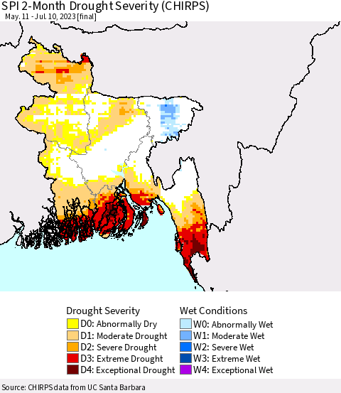 Bangladesh SPI 2-Month Drought Severity (CHIRPS) Thematic Map For 5/11/2023 - 7/10/2023
