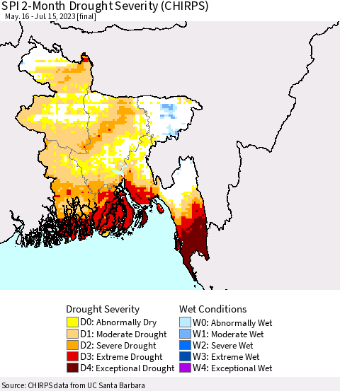 Bangladesh SPI 2-Month Drought Severity (CHIRPS) Thematic Map For 5/16/2023 - 7/15/2023