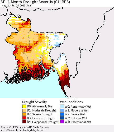 Bangladesh SPI 2-Month Drought Severity (CHIRPS) Thematic Map For 5/21/2023 - 7/20/2023