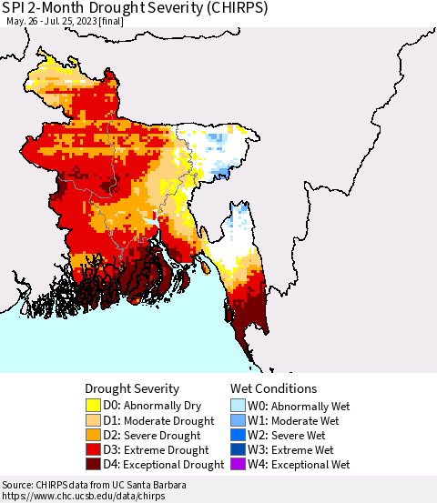 Bangladesh SPI 2-Month Drought Severity (CHIRPS) Thematic Map For 5/26/2023 - 7/25/2023