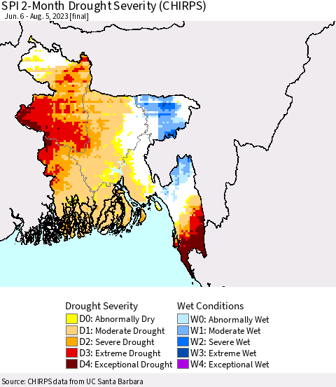 Bangladesh SPI 2-Month Drought Severity (CHIRPS) Thematic Map For 6/6/2023 - 8/5/2023