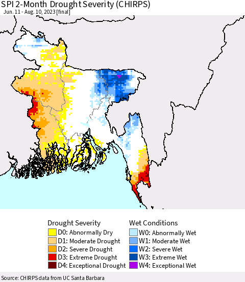 Bangladesh SPI 2-Month Drought Severity (CHIRPS) Thematic Map For 6/11/2023 - 8/10/2023