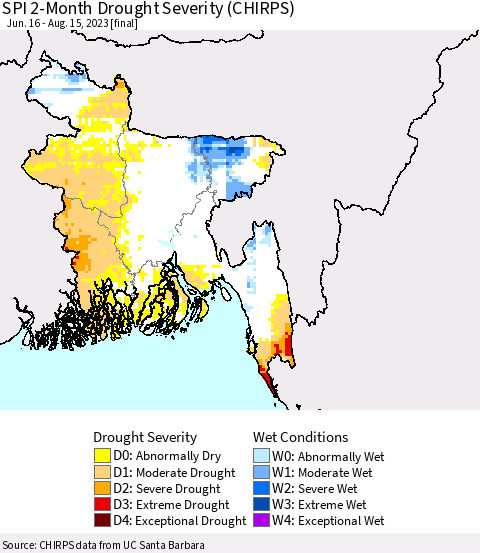 Bangladesh SPI 2-Month Drought Severity (CHIRPS) Thematic Map For 6/16/2023 - 8/15/2023