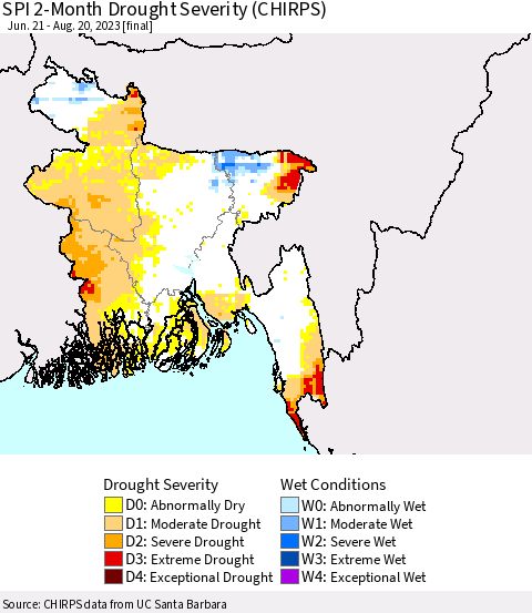 Bangladesh SPI 2-Month Drought Severity (CHIRPS) Thematic Map For 6/21/2023 - 8/20/2023
