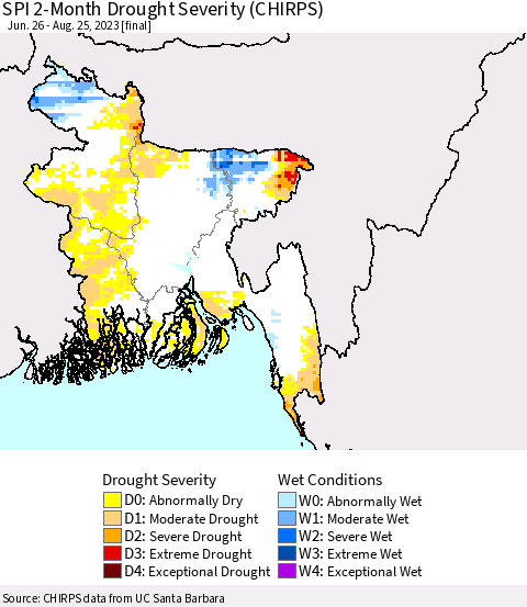 Bangladesh SPI 2-Month Drought Severity (CHIRPS) Thematic Map For 6/26/2023 - 8/25/2023