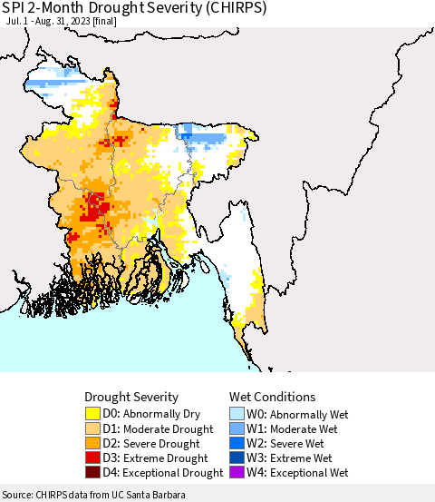 Bangladesh SPI 2-Month Drought Severity (CHIRPS) Thematic Map For 7/1/2023 - 8/31/2023