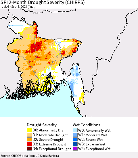 Bangladesh SPI 2-Month Drought Severity (CHIRPS) Thematic Map For 7/6/2023 - 9/5/2023