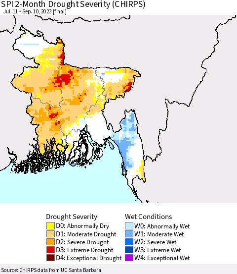 Bangladesh SPI 2-Month Drought Severity (CHIRPS) Thematic Map For 7/11/2023 - 9/10/2023