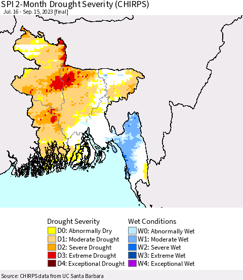 Bangladesh SPI 2-Month Drought Severity (CHIRPS) Thematic Map For 7/16/2023 - 9/15/2023