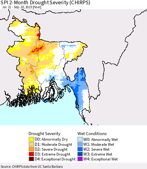 Bangladesh SPI 2-Month Drought Severity (CHIRPS) Thematic Map For 7/21/2023 - 9/20/2023
