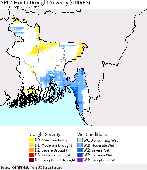 Bangladesh SPI 2-Month Drought Severity (CHIRPS) Thematic Map For 7/26/2023 - 9/25/2023