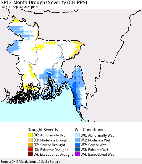 Bangladesh SPI 2-Month Drought Severity (CHIRPS) Thematic Map For 8/1/2023 - 9/30/2023