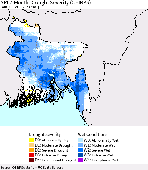Bangladesh SPI 2-Month Drought Severity (CHIRPS) Thematic Map For 8/6/2023 - 10/5/2023