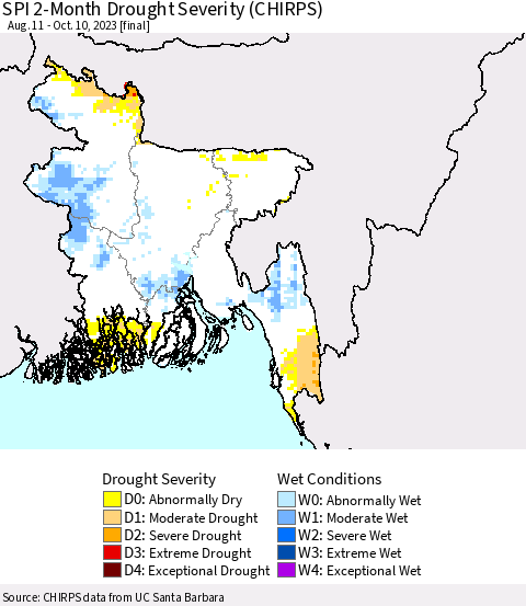 Bangladesh SPI 2-Month Drought Severity (CHIRPS) Thematic Map For 8/11/2023 - 10/10/2023
