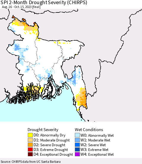Bangladesh SPI 2-Month Drought Severity (CHIRPS) Thematic Map For 8/16/2023 - 10/15/2023