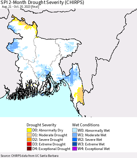 Bangladesh SPI 2-Month Drought Severity (CHIRPS) Thematic Map For 8/21/2023 - 10/20/2023