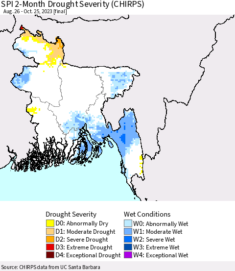 Bangladesh SPI 2-Month Drought Severity (CHIRPS) Thematic Map For 8/26/2023 - 10/25/2023