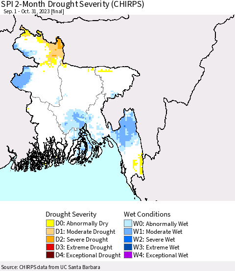 Bangladesh SPI 2-Month Drought Severity (CHIRPS) Thematic Map For 9/1/2023 - 10/31/2023