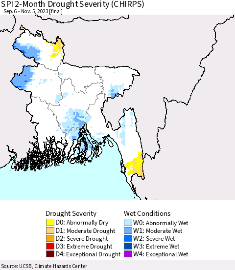 Bangladesh SPI 2-Month Drought Severity (CHIRPS) Thematic Map For 9/6/2023 - 11/5/2023
