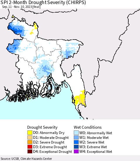 Bangladesh SPI 2-Month Drought Severity (CHIRPS) Thematic Map For 9/11/2023 - 11/10/2023